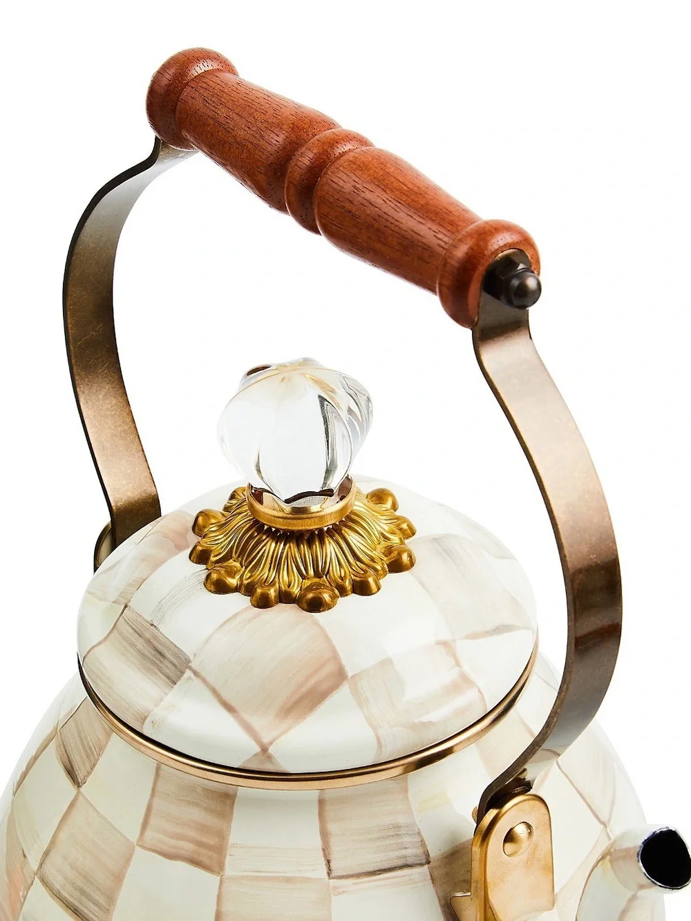 Classic Checkered Ceramic Teapot with Wood Handle - Mocha Check